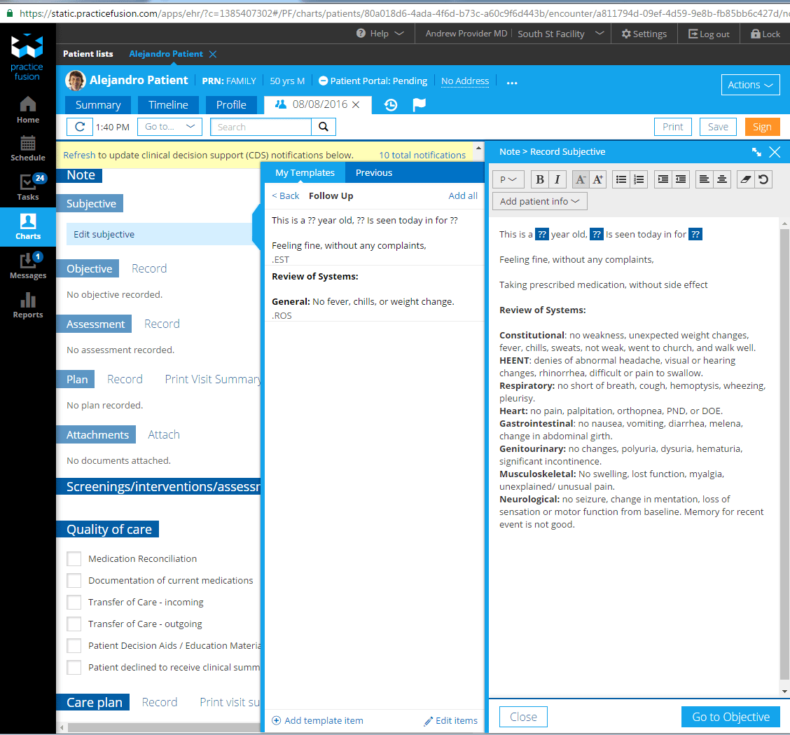 chart notes template