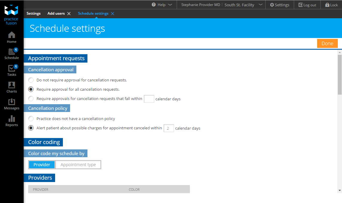 Schedule settings screen